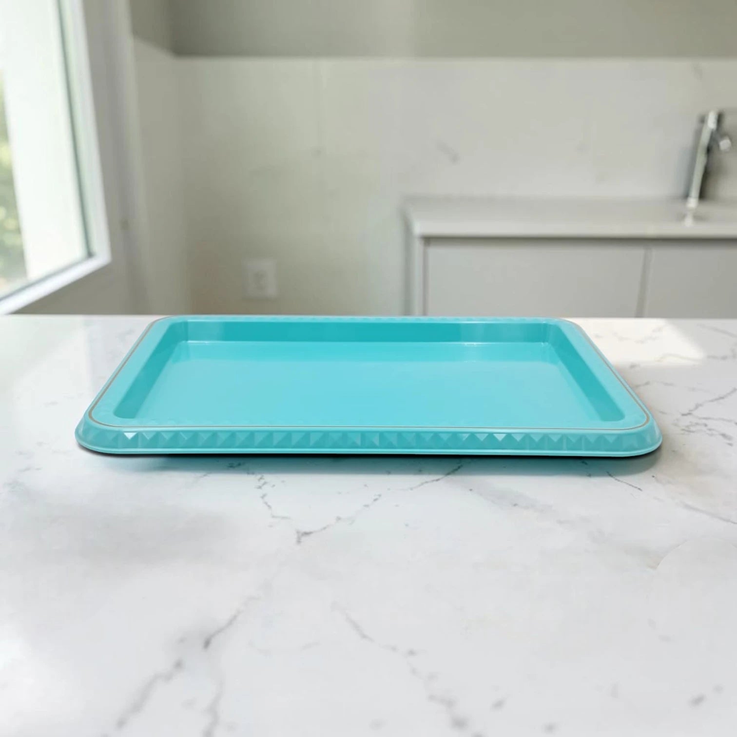 Large Rectangular Serving Tray with Geometric Border Design – Multipurpose Food, Tea & Coffee Serving Tray (4H x 51L x 35W CM) - Damoo