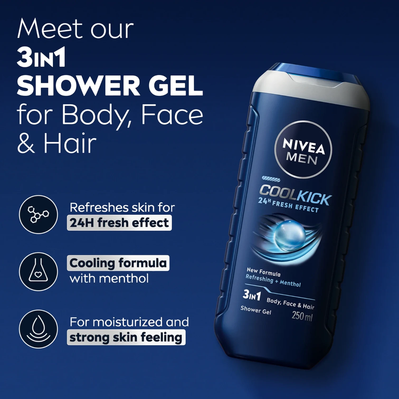 NIVEA MEN Cool Kick Shower Gel 250ml – 3in1 Body Face & Hair Wash with Icy Menthol 24H Fresh Effect pH Balanced Daily Cleanser - Damoo