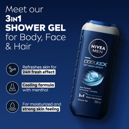 NIVEA MEN Cool Kick Shower Gel 250ml – 3in1 Body Face & Hair Wash with Icy Menthol 24H Fresh Effect pH Balanced Daily Cleanser - Damoo