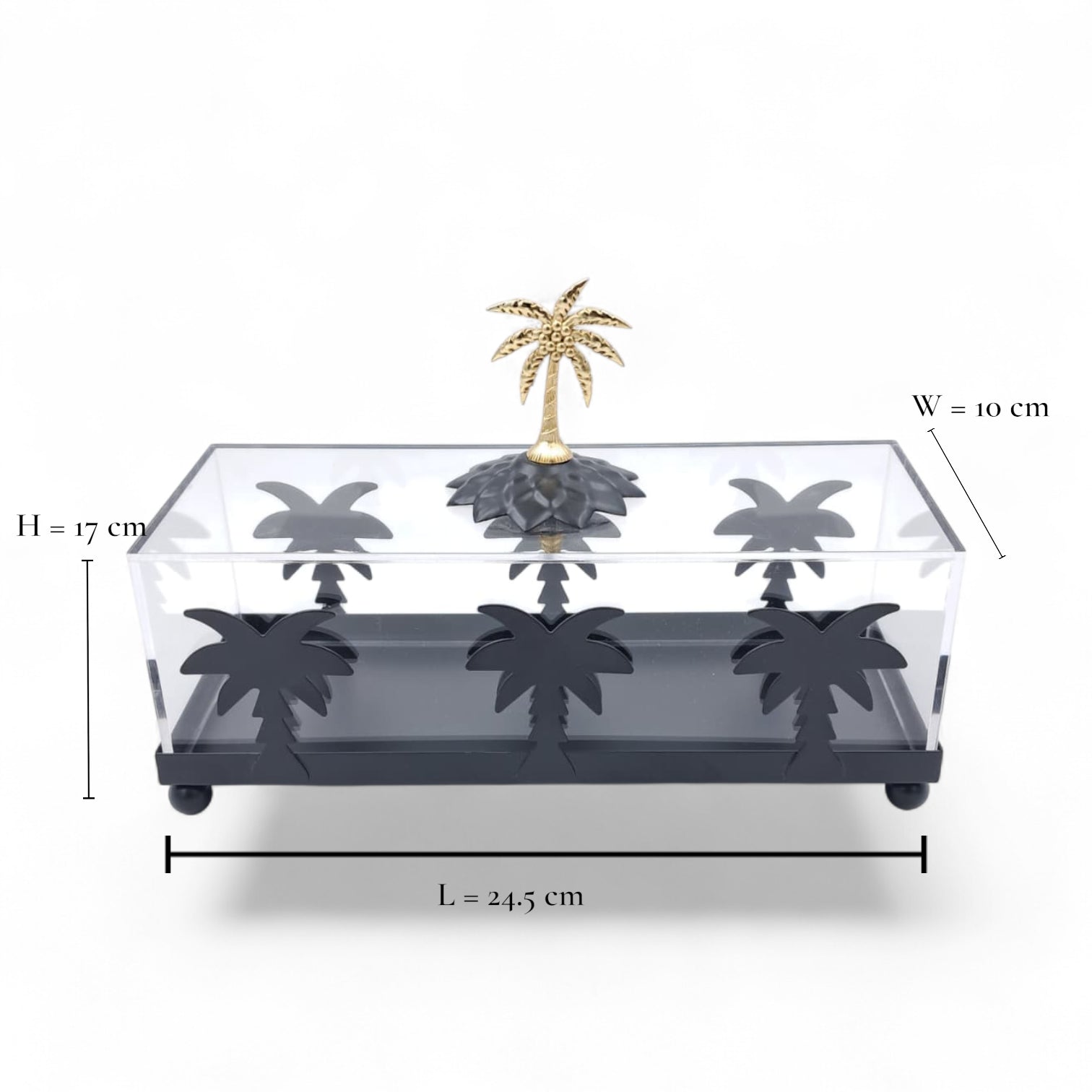 صندوق زخرفي فاخر على شكل شجرة نخيل من الأكريليك والذهب - صينية تخزين أنيقة مع غطاء وقاعدة ذهبية وتصميم نخلة (الارتفاع 16 سم × العرض 10 سم × الطول 24.5 سم)  