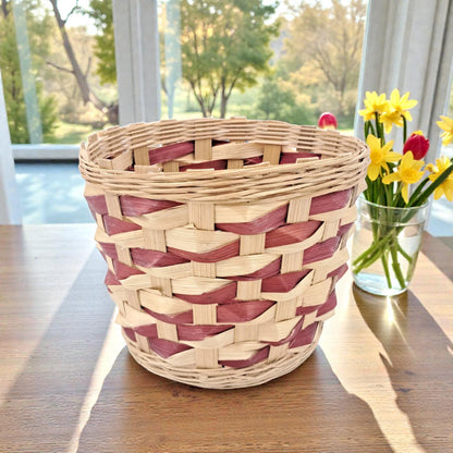 Handwoven Round Bamboo Basket – Natural & Red Accent Decorative Storage Basket (16H x 19L × 19W CM) - Damoo