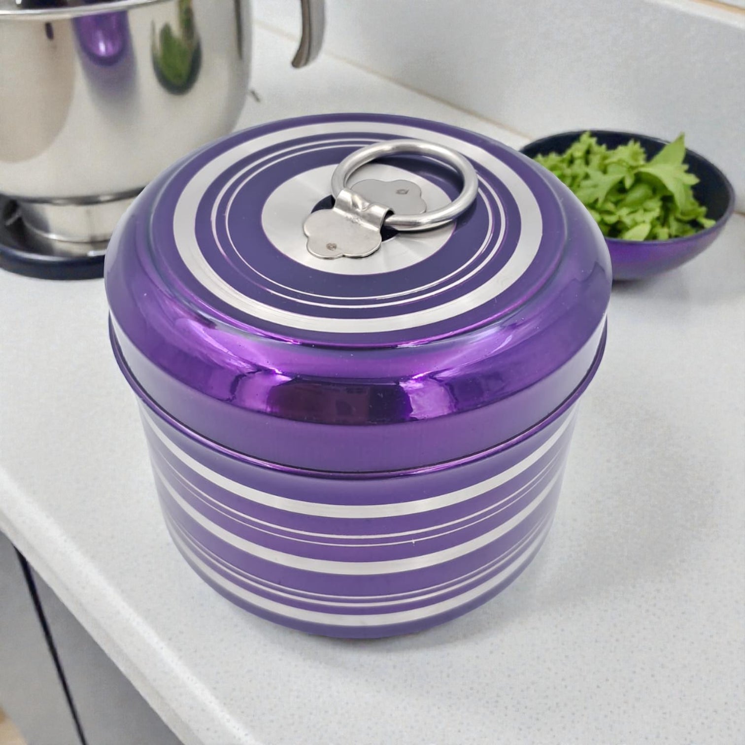 Stainless Steel Food Storage Container with Lid – Purple & Silver Striped Kitchen Bowl for Cooking, Serving & Storage (14H x 13.5L × 13.5W CM) - Damoo