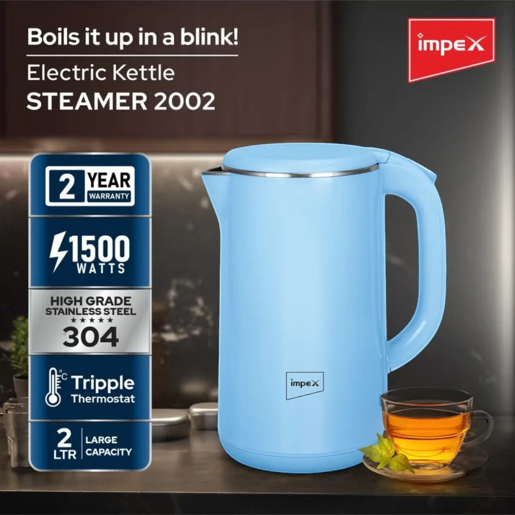 Impex 2.0L Double Layer Electric Kettle (Steamer 2002) – 1500W 304 Stainless Steel Kettle with Seamless Inner Body, FADA Double Controller, 360° Cordless Base, Auto Shut-Off & Indicator Light – Blue - Damoo