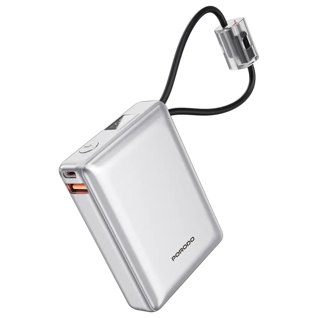 PORODO PETITE 10000mAh Power Bank – PD 20W Portable Charger with Integrated Type-C and Lightning Cables, Silver/Gray