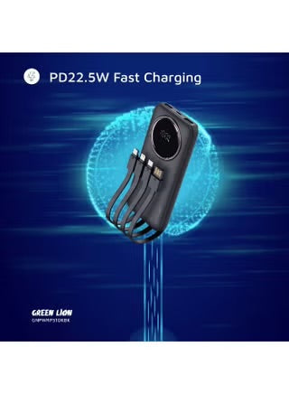 باور بانك GREEN LION POWER PULSE بسعة 10000mAh وشحن PD سريع 22.5W وشاشة رقمية وكابل شحن مدمج للاستخدام اليومي