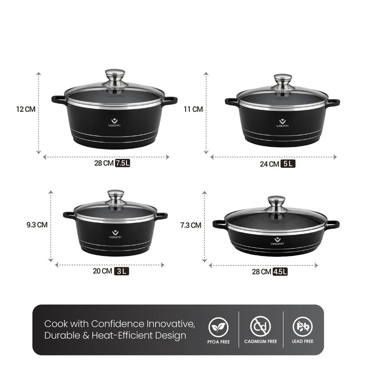 VOGATI 8Pcs Black Titanium Granite Cookware Set with Lids | Nesting Pots with Handles for Everyday Cooking