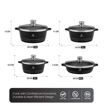 VOGATI 8Pcs Black Titanium Granite Cookware Set with Lids | Nesting Pots with Handles for Everyday Cooking
