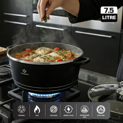 VOGATI 8Pcs Black Titanium Granite Cookware Set with Lids | Nesting Pots with Handles for Everyday Cooking