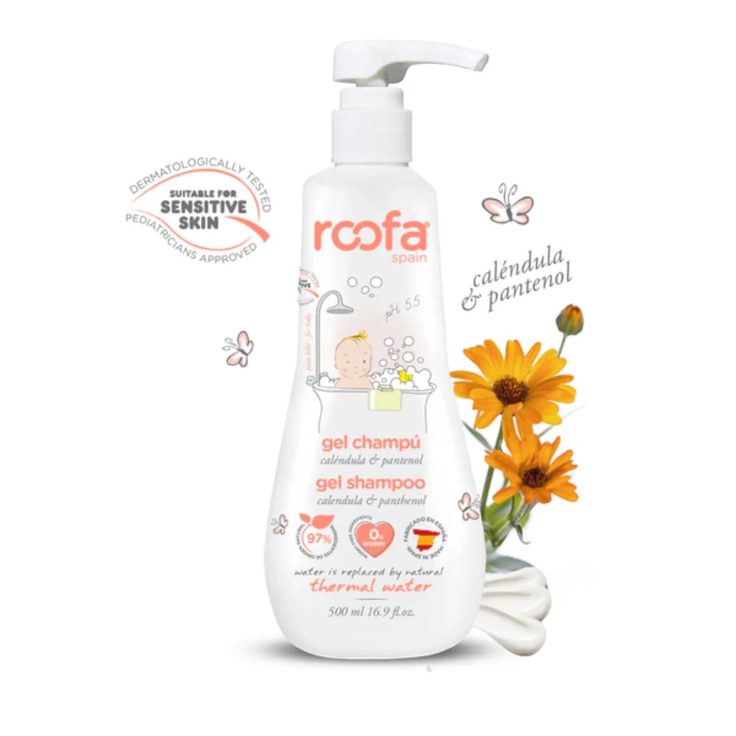 Roofa Baby Gel Shampoo 500ml – 2-in-1 Hair & Body Wash with Thermal Water, Calendula & Panthenol | Soothing Cleanser for Sensitive Baby Skin | Paraben-Free | Made in Spain - Damoo