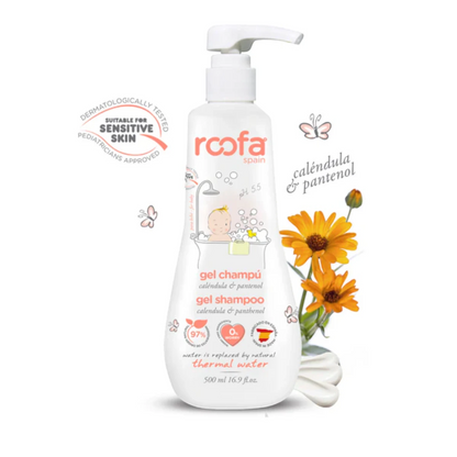 Roofa Baby Gel Shampoo 500ml – 2-in-1 Hair & Body Wash with Thermal Water, Calendula & Panthenol | Soothing Cleanser for Sensitive Baby Skin | Paraben-Free | Made in Spain - Damoo