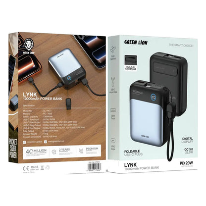 GREEN LION LYNK 10000mAh Power Bank – 22.5W QC 3.0, 20W PD Fast Charging, Digital Display & Foldable USB-C Plug with Built-In Kickstand