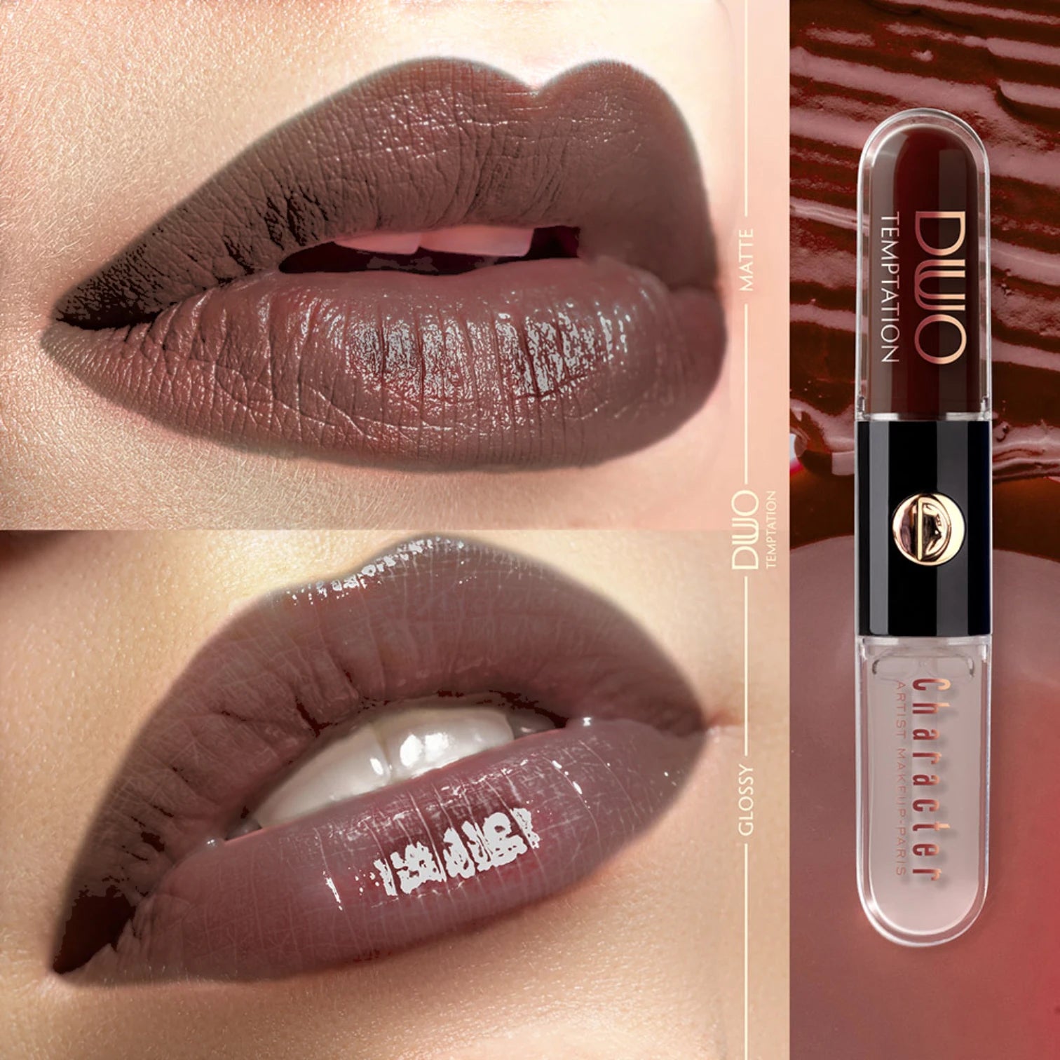 Character Duo Temptation Dual Liquid Lipstick & Gloss – CDU015 | Long-Lasting Matte Base & Hydrating Gloss, Smudge-Proof 12H Wear, High Pigment & Shine - Damoo