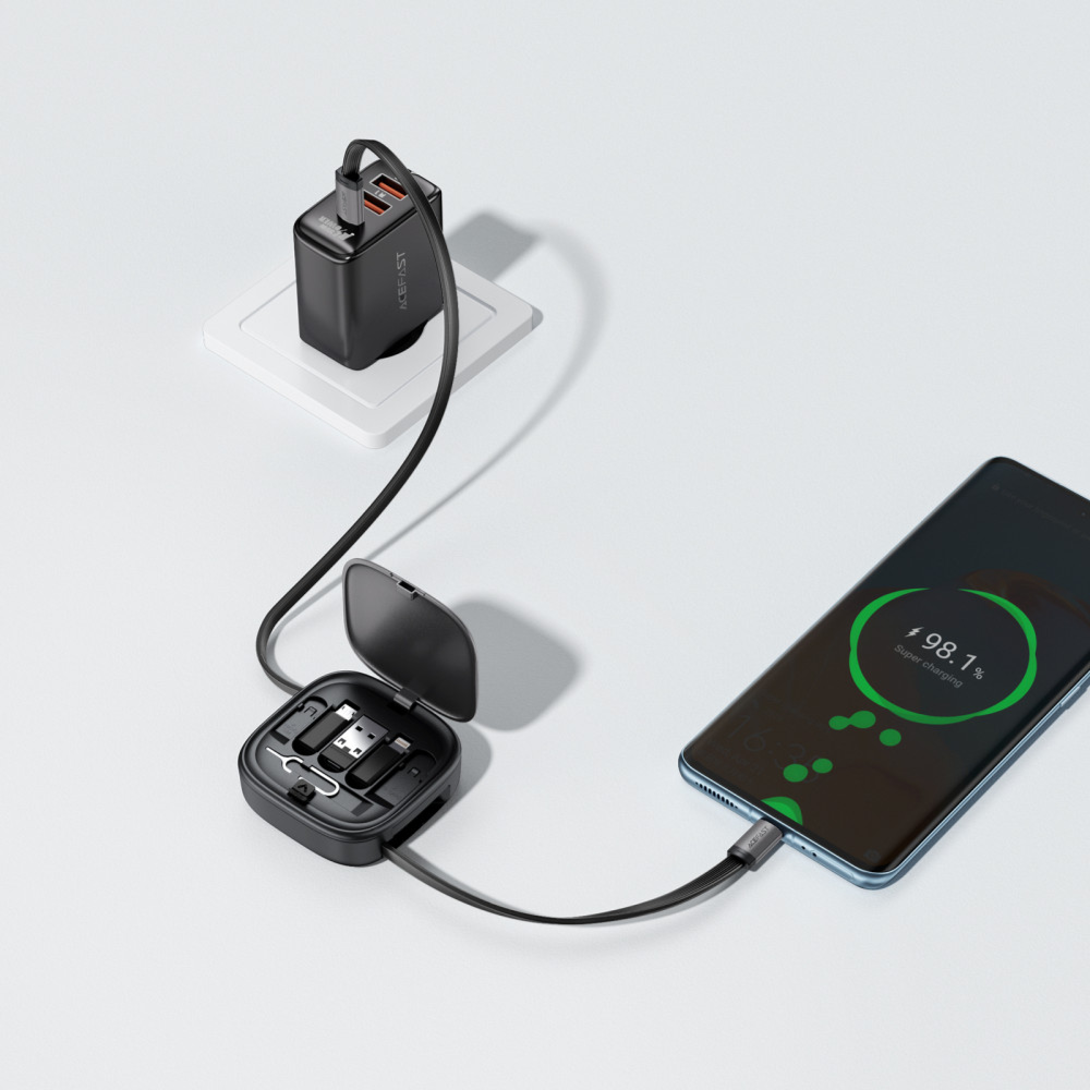 مجموعة كابلات الشحن والبيانات المتكاملة ACEFAST ACEWIRE PRO J3 – كابل أسود قابل للسحب بطول 0.95م، شحن USB-C بقدرة 60 واط وعلبة سفر