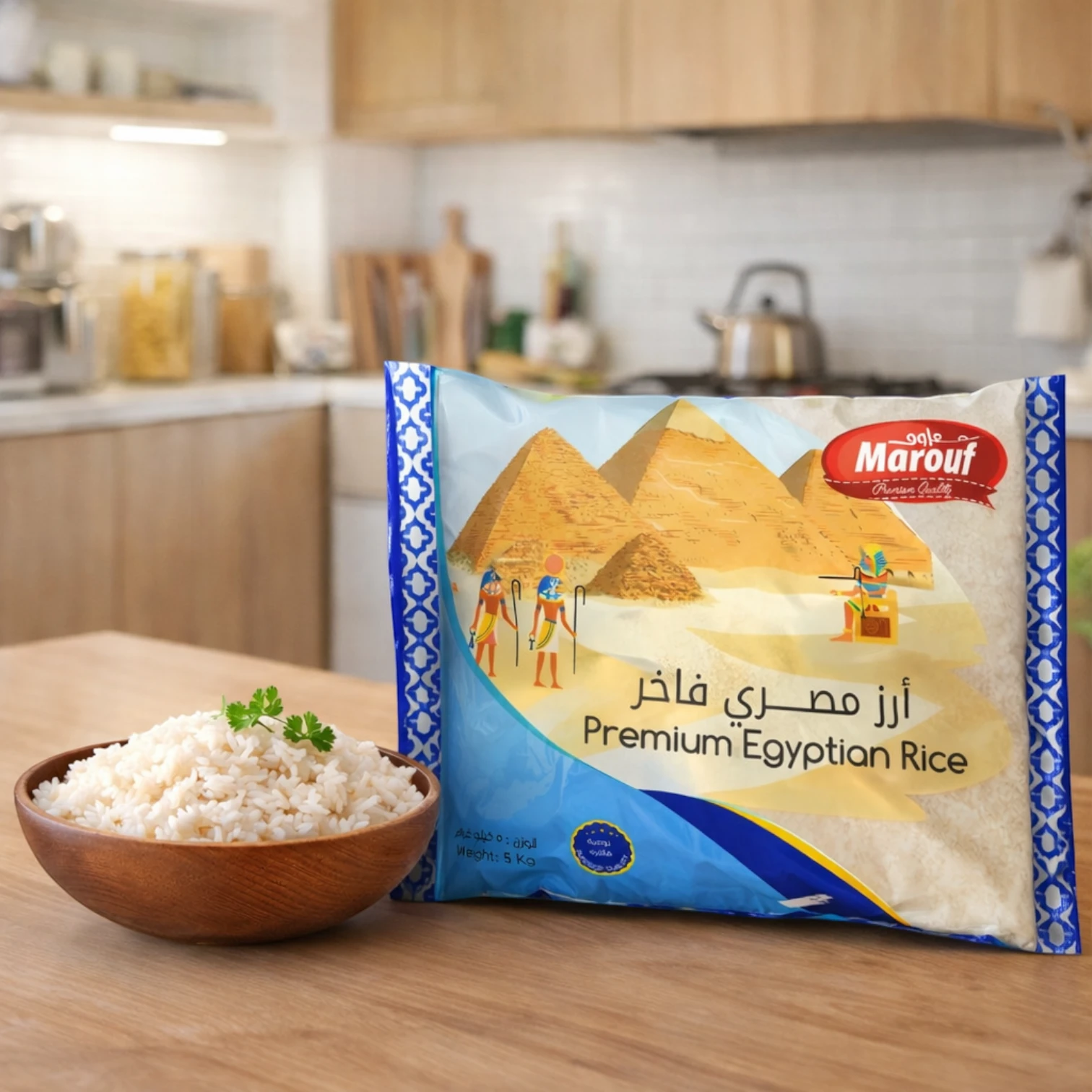 أرز معروف مصري فاخر 5 كجم – أرز أبيض قصير الحبة عالي الجودة، ذو قوام ناعم ورقيق، مثالي للطبخ اليومي والأطباق التقليدية 