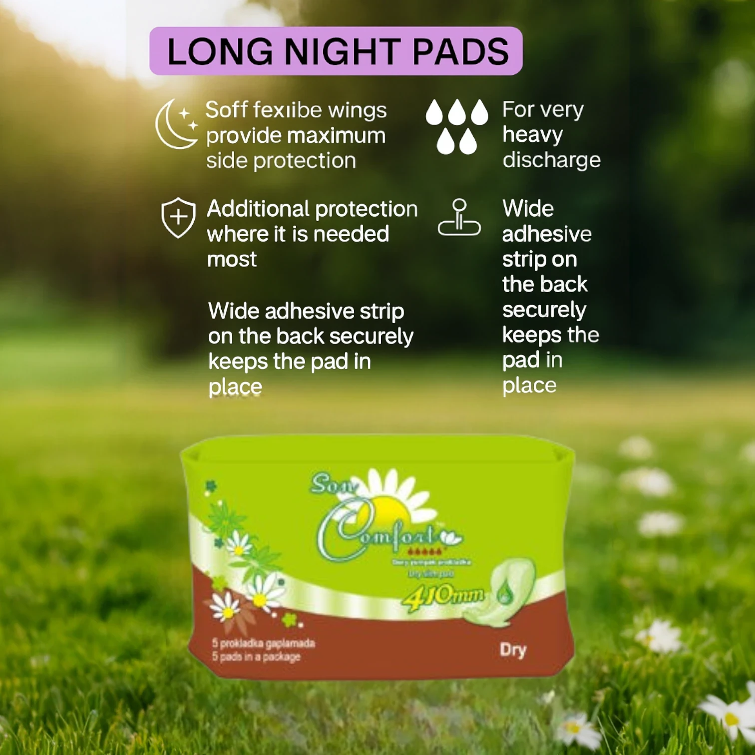 SEN COMFORT – Extra Long Cotton Soft Sanitary Pads with Wings, 410mm for Heavy Flow & Overnight Protection, Secure and Comfortable (5 Pieces) - Damoo