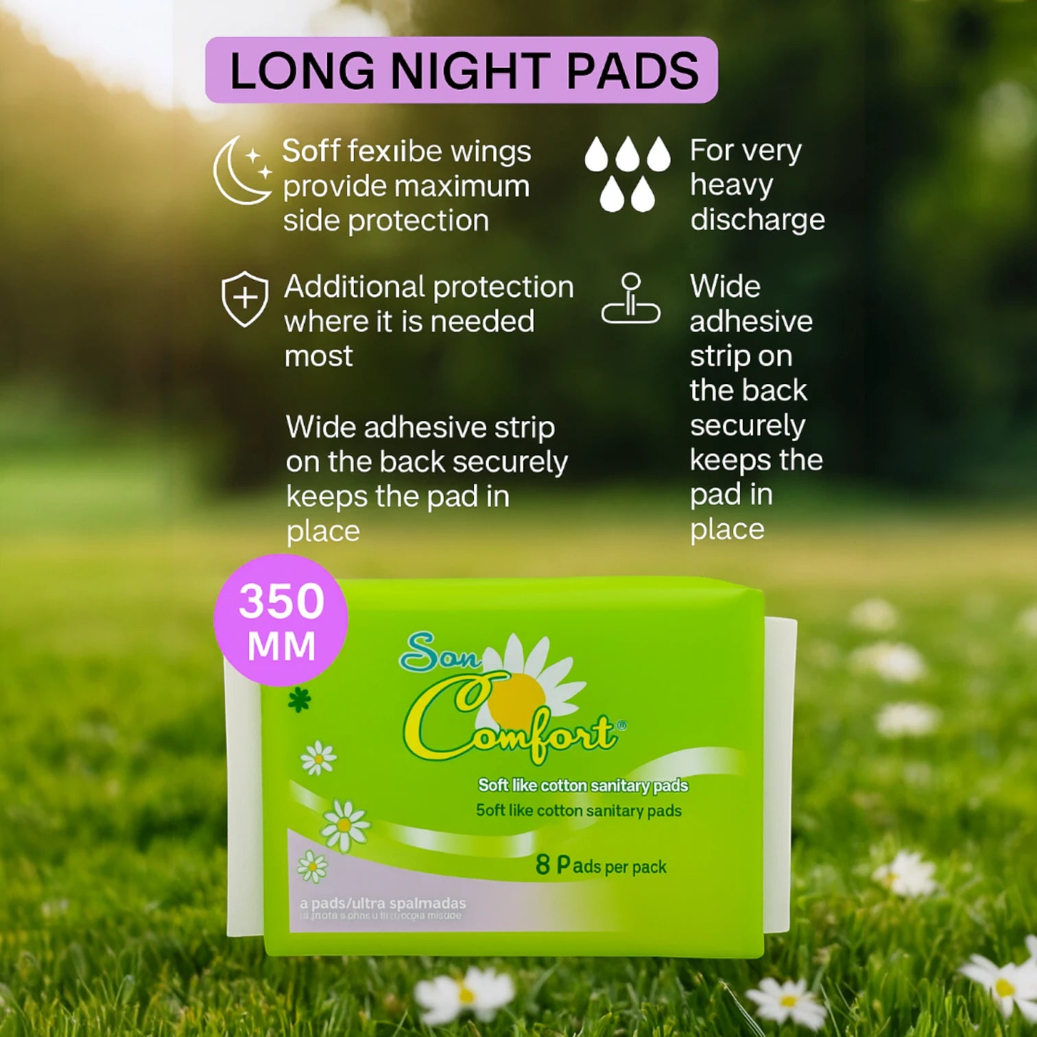 SEN COMFORT – Cotton Soft Sanitary Pads with Wings for Enhanced Protection – 350mm (8 Pieces) - Damoo