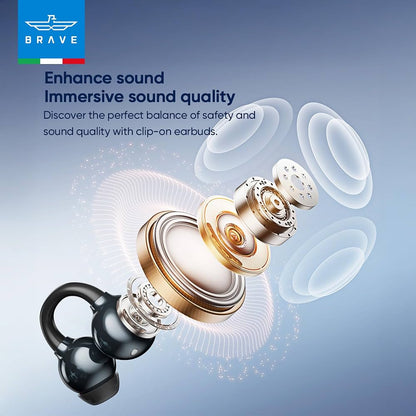 BRAVE ClipFit E-31 Wireless Open-Ear Earbuds – Black | Bluetooth 5.4 | Intelligent Touch Control | Adaptive Secure Fit Earphones