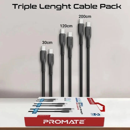 PROMATE طقم كابلات 3 في 1 – 3 كابلات USB-C بأطوال 30 و120 و200 سم، شحن Power Delivery، قوة شد عالية، باللون الأسود