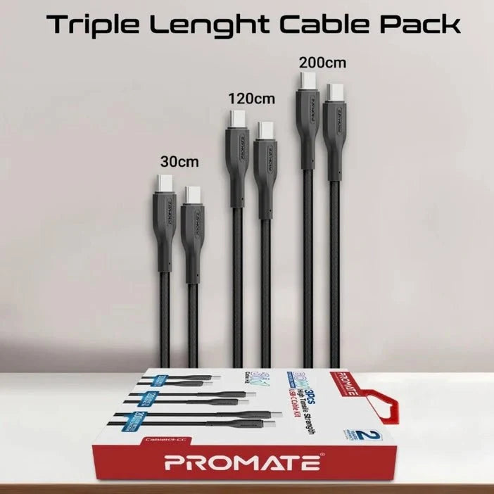 PROMATE طقم كابلات 3 في 1 – 3 كابلات USB-C بأطوال 30 و120 و200 سم، شحن Power Delivery، قوة شد عالية، باللون الأسود