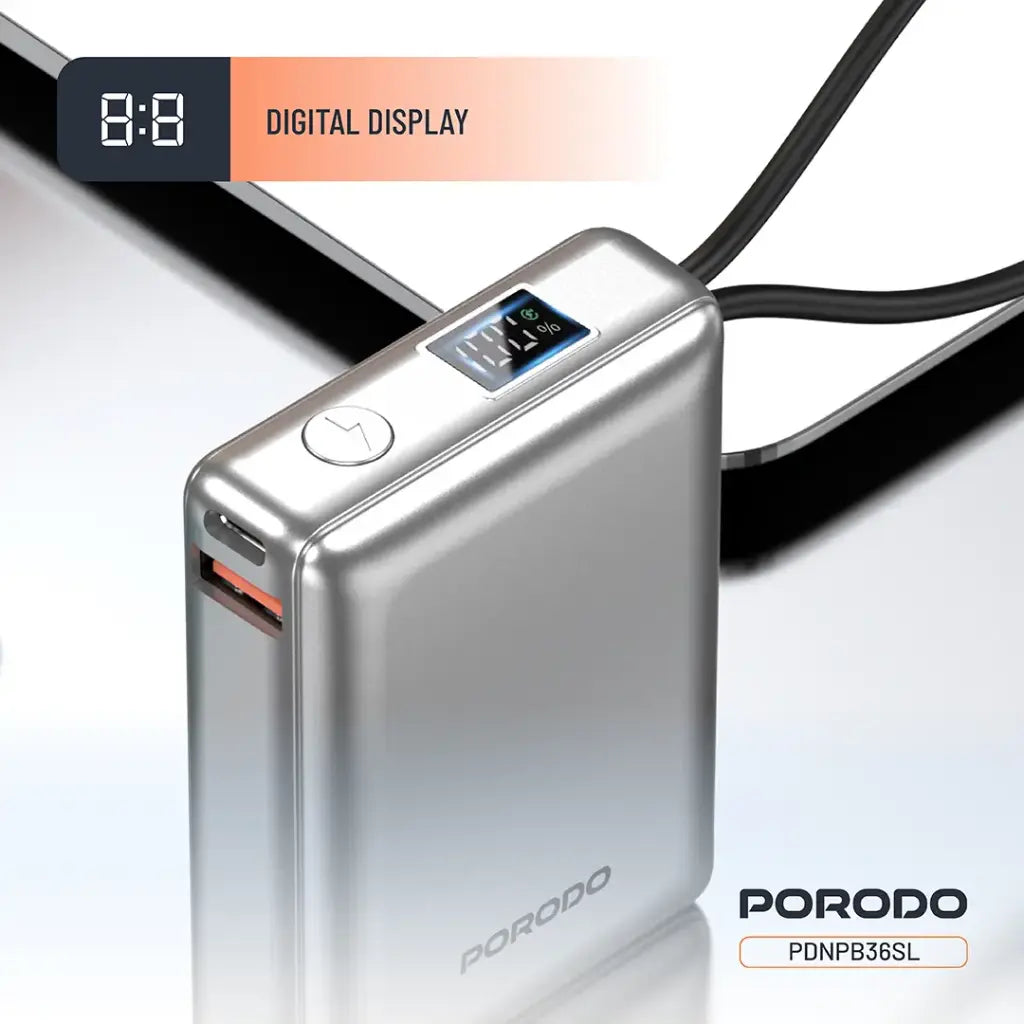 PORODO PETITE 10000mAh Power Bank – PD 20W Portable Charger with Integrated Type-C and Lightning Cables, Silver/Gray