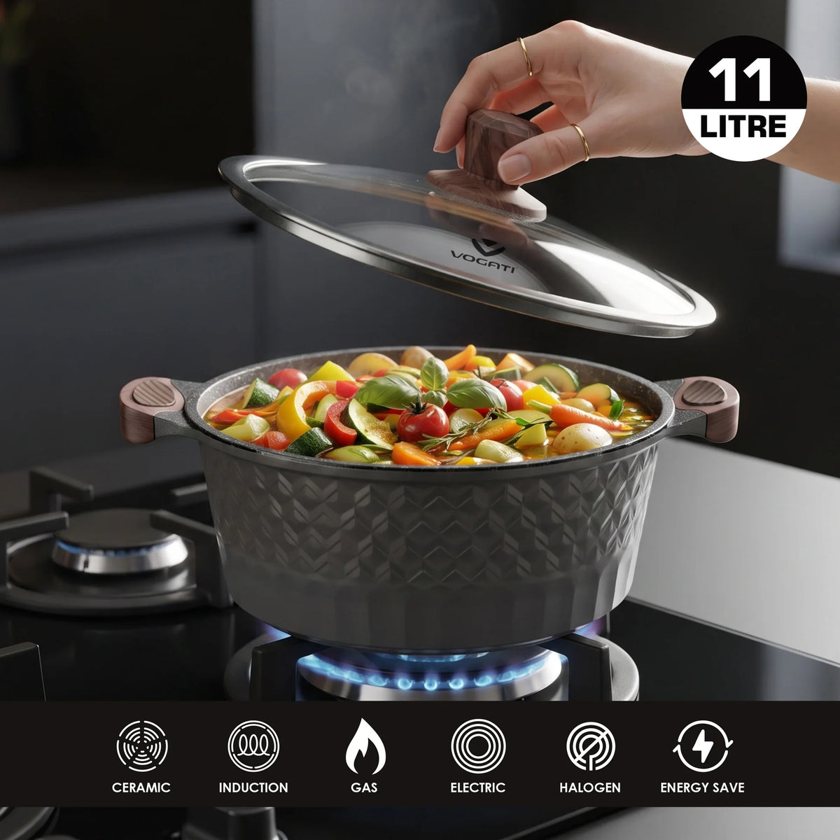 VOGATI (Mega Series) 10 pcs Cookware Set in Grey – Casserole Pots 20/24/28/32cm, Shallow Casserole 28cm Kitchen Cooking Set