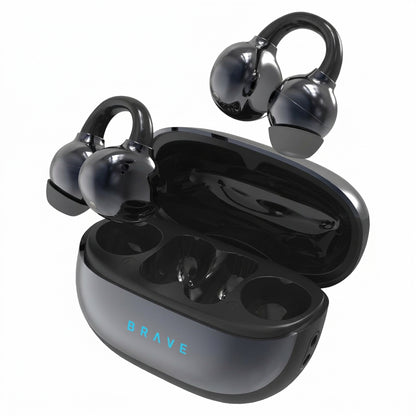 BRAVE ClipFit E-31 Wireless Open-Ear Earbuds – Black | Bluetooth 5.4 | Intelligent Touch Control | Adaptive Secure Fit Earphones