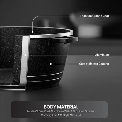 VOGATI 8Pcs Black Titanium Granite Cookware Set with Lids | Nesting Pots with Handles for Everyday Cooking