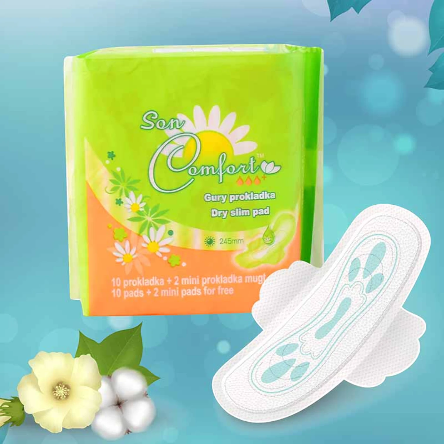Sen Comfort Dry Slim Sanitary Pads with Wings – 245mm | 10 + 2 Free Mini Pads | Cotton, Ultra-Thin, Breathable Feminine Hygiene - Damoo