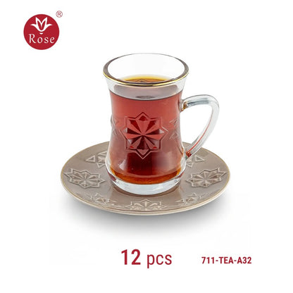 طقم Rose الكامل للشاي والقهوة العربية من 38 قطعة – 12 كوب شاي زجاجي، 12 فنجان قهوة عربية، 12 صحنًا ومرطبان حلويات بغطاء