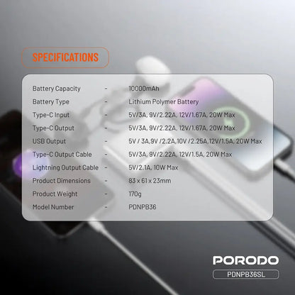 PORODO PETITE 10000mAh Power Bank – PD 20W Portable Charger with Integrated Type-C and Lightning Cables, Silver/Gray