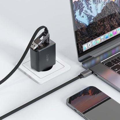 كابل ACEFAST Acewire Pro C13-04 من USB-A/USB-C إلى USB-C بطول 1.2م – شحن سريع 60 واط ونقل بيانات USB 2.0، أسود مضفّر بالنايلون
