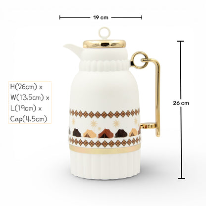 Traditional Arabic Tea Flask 1 Liter – Double Wall Insulated Glass Liner Zamzamiyah with Handle, Heritage Pattern Thermal Hot Beverage Jug, Available in Two Designs - Damoo