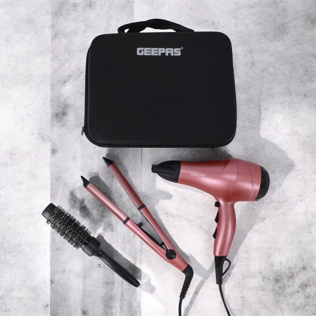 Geepas 4-in-1 Hair Styling Set – 2200W Portable Hair Dryer, Straightener & Curler with EVA Travel Bag, 2 Speed & 3 Heat Settings, Cool Shot Function – Compact Styling Kit for Home, Travel & Salon Use - GHF86054 - Damoo