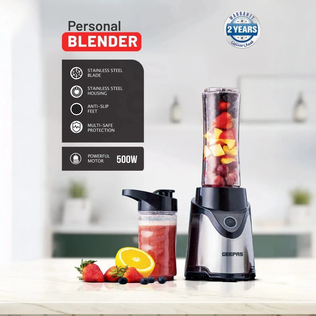 Geepas Personal Blender – 500W Portable Smoothie & Milkshake Maker with Stainless Steel Blades, 570ml &amp; 400ml BPA-Free Tritan Bottles, Safety Lock, One-Touch Operation, Multi-Safe Protection, ABS Housing – GSB44075N – Black - Damoo