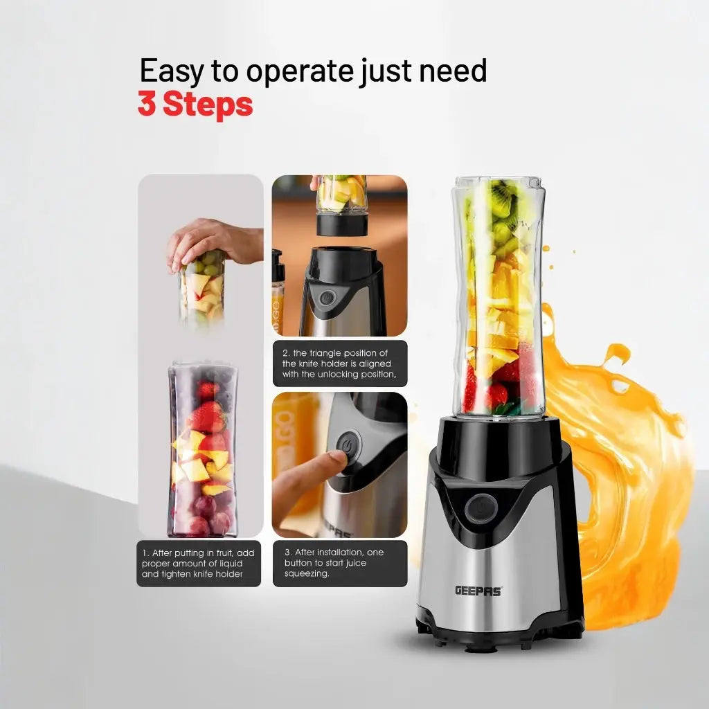 Geepas Personal Blender – 500W Portable Smoothie & Milkshake Maker with Stainless Steel Blades, 570ml &amp; 400ml BPA-Free Tritan Bottles, Safety Lock, One-Touch Operation, Multi-Safe Protection, ABS Housing – GSB44075N – Black - Damoo