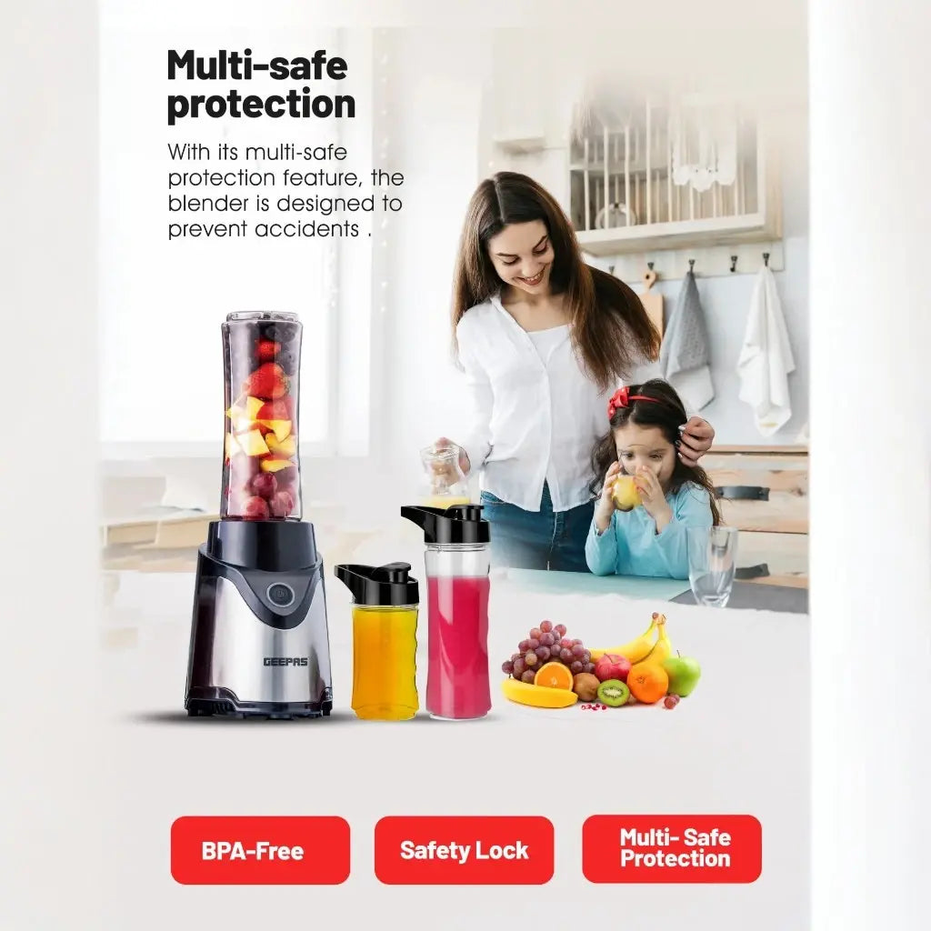 Geepas Personal Blender – 500W Portable Smoothie & Milkshake Maker with Stainless Steel Blades, 570ml &amp; 400ml BPA-Free Tritan Bottles, Safety Lock, One-Touch Operation, Multi-Safe Protection, ABS Housing – GSB44075N – Black - Damoo
