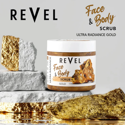 REVEL Gold Face & Body Scrub 475ml | Gentle Exfoliating Scrub with Gold Extracts | Brightening, Anti-Aging & Moisturizing Formula for Silky Smooth Skin - Damoo