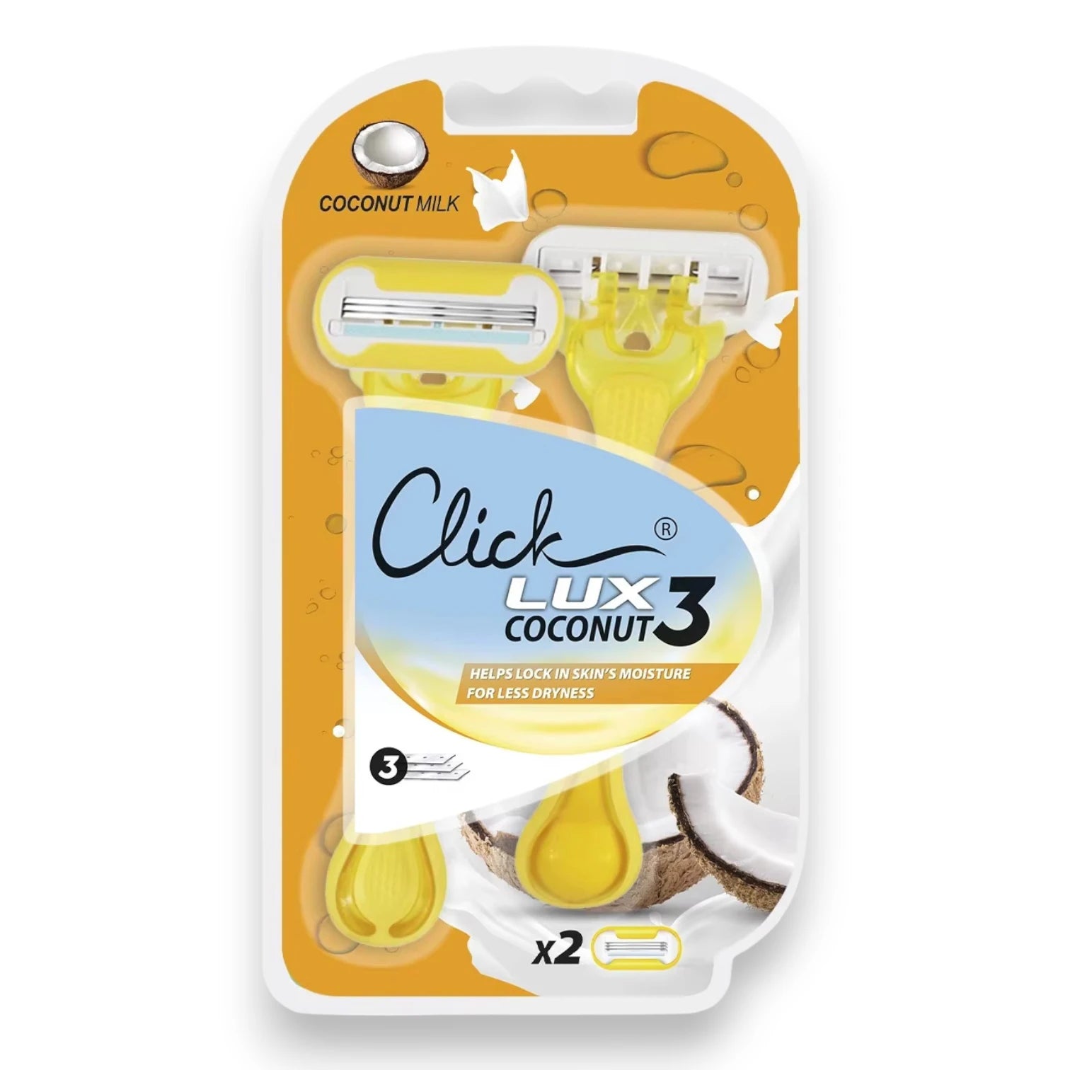 Click Lux Coconut 3 Women’s Razor – 3 Blades with Coconut Milk Strip, Hydrating & Smooth Shave, Moisture Lock Technology, Pack of 2 - Damoo