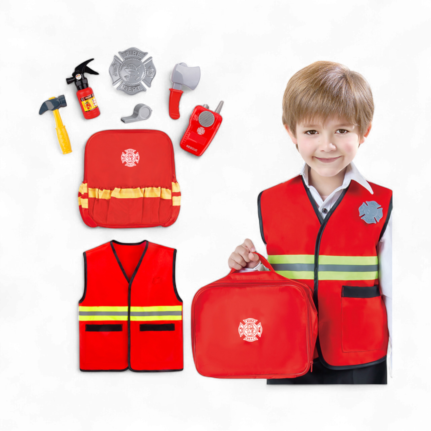 Kids Firefighter Role Play Costume Set – Pretend Play Fireman Outfit with Jacket, Tools, Helmet & Carry Bag – Fire Fighting Dress Up Toy Set for Children Boys & Girls - Damoo