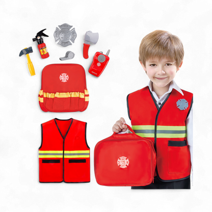 Kids Firefighter Role Play Costume Set – Pretend Play Fireman Outfit with Jacket, Tools, Helmet & Carry Bag – Fire Fighting Dress Up Toy Set for Children Boys & Girls - Damoo