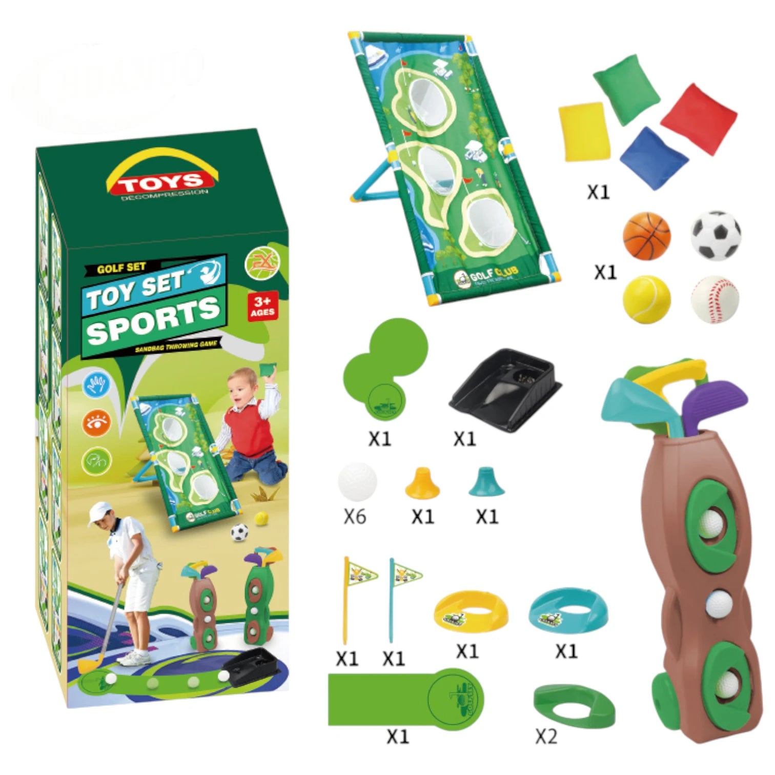 Kids Golf Play Set with Adjustable Clubs & Cornhole Board – Indoor & Outdoor Golf Toy with 9 Balls, Practice Holes & Mat | Sports Toss Game for Toddlers Ages 3–7