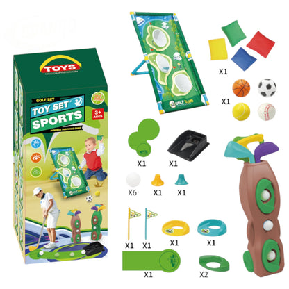 Kids Golf Play Set with Adjustable Clubs & Cornhole Board – Indoor & Outdoor Golf Toy with 9 Balls, Practice Holes & Mat | Sports Toss Game for Toddlers Ages 3–7