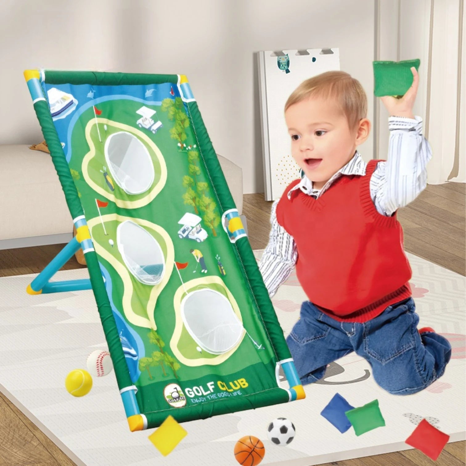Kids Golf Play Set with Adjustable Clubs & Cornhole Board – Indoor & Outdoor Golf Toy with 9 Balls, Practice Holes & Mat | Sports Toss Game for Toddlers Ages 3–7