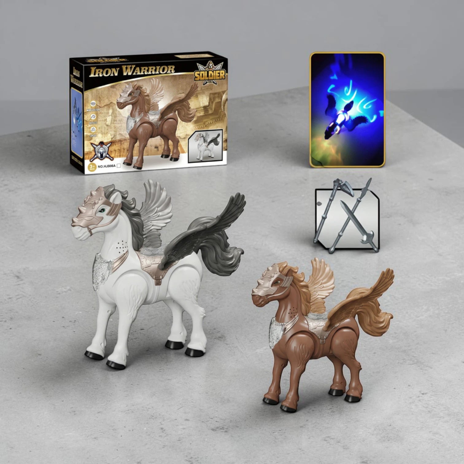 Iron Warrior Horse Toy with Light & Sound, Electronic Knight Horse Figure with Weapons, Interactive Music Toy for Kids 3+ - Damoo