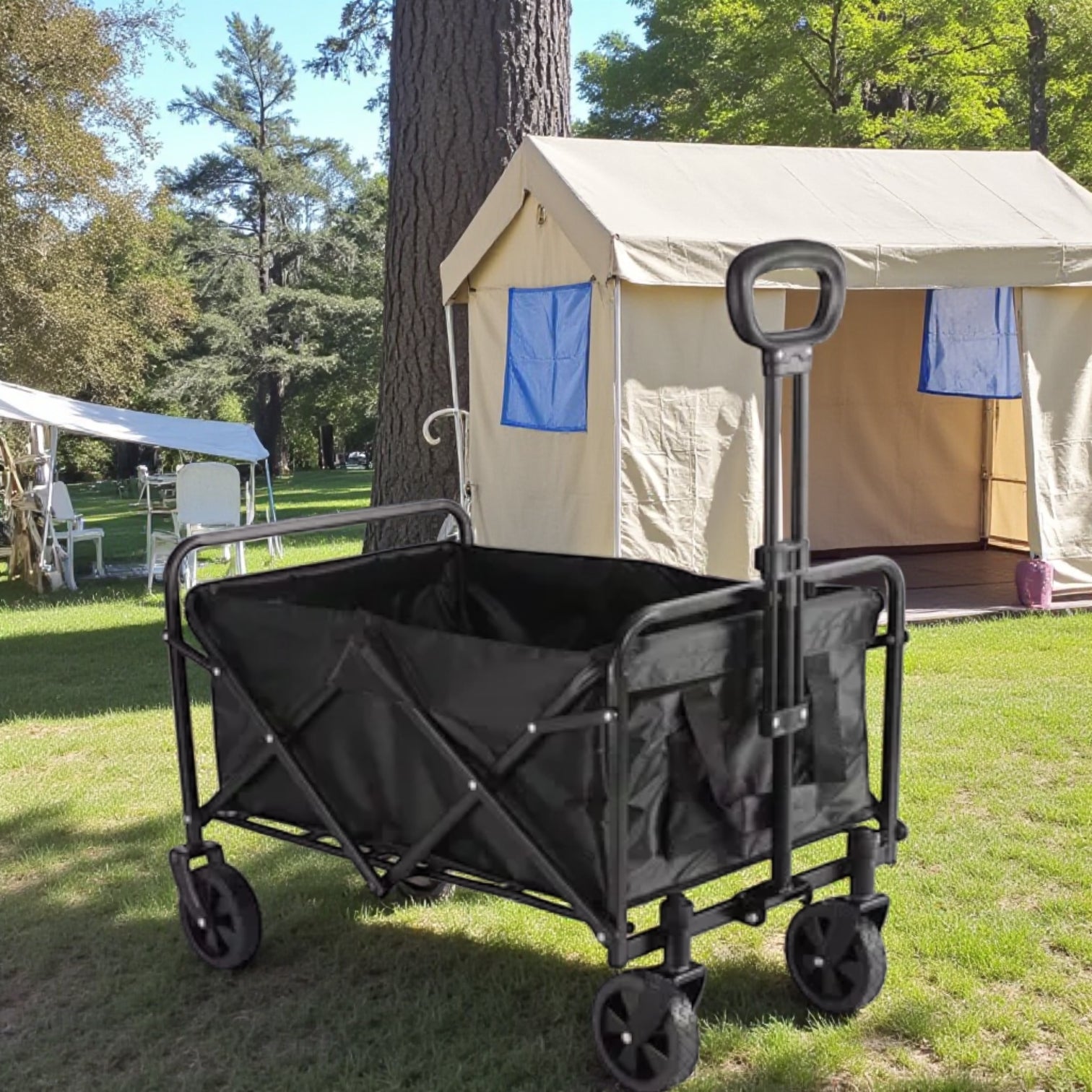 Heavy-Duty Folding Wagon Cart with Extendable Handle & Brakes | Collapsible Utility Hand Cart for Travel, Camping, Outdoor, Beach & Transport – Portable Foldable Trolley with Strong Wheels (46 x 62 x 74 cm) - Damoo