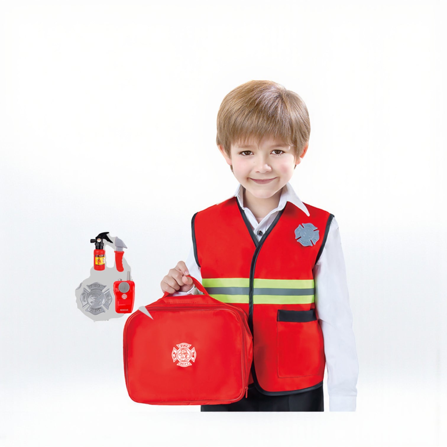 Kids Firefighter Role Play Costume Set – Pretend Play Fireman Outfit with Jacket, Tools, Helmet & Carry Bag – Fire Fighting Dress Up Toy Set for Children Boys & Girls - Damoo