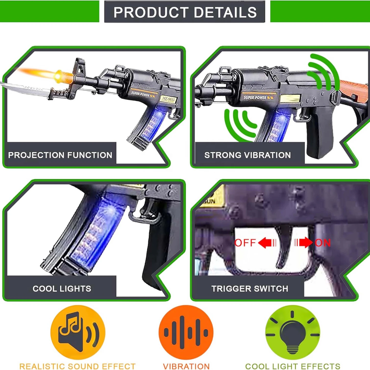 King of War AK-47 Battery Operated Toy Gun for Kids Boys with Light, Sound & Vibration – Musical Shooting Blaster with Foldable Safe Knife, Lightweight ABS Plastic Toy (42CM)