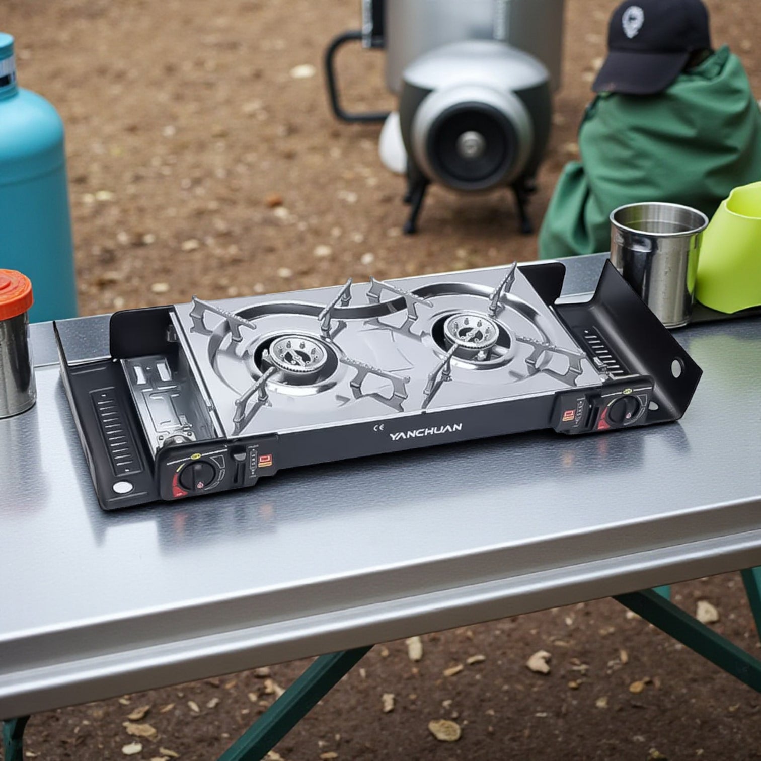 Gaskocher Double Burner Portable Camping Gas Stove – Lightweight Outdoor Gas Cooker with Automatic Ignition, Enamel Pan Holder, and High Heat Output – Ideal for Home, Camping & Picnics