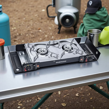 Gaskocher Double Burner Portable Camping Gas Stove – Lightweight Outdoor Gas Cooker with Automatic Ignition, Enamel Pan Holder, and High Heat Output – Ideal for Home, Camping & Picnics