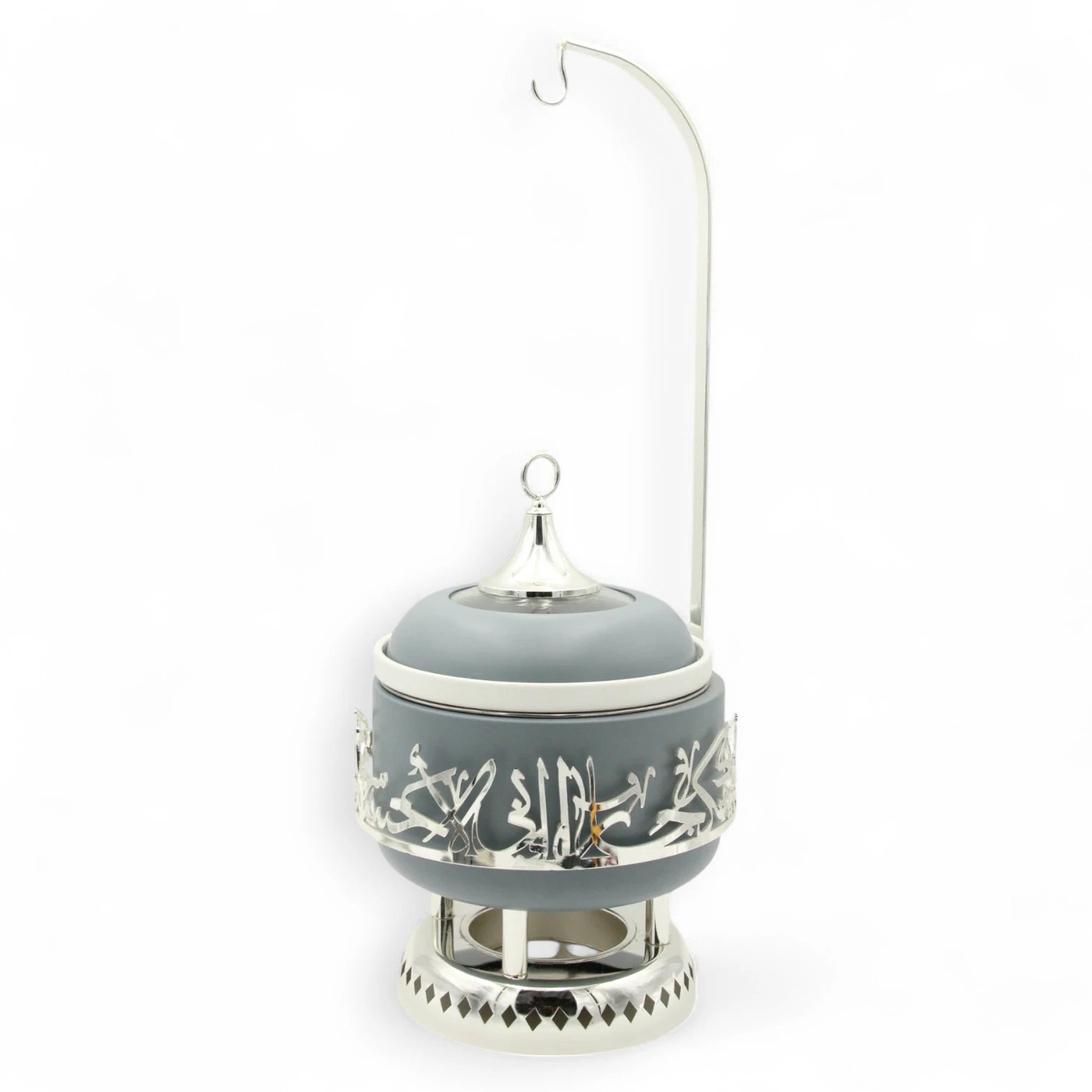 Otantik Luxury Arabic Serving Buffet Dish with Lid & Stand 2.5 Liters – Insulated Food Warmer with Silver Arabic Calligraphy Design – Elegant Bone China & Stainless Steel Thermal Chafing Dish for Majlis & Events - Jiwar Collection - Damoo